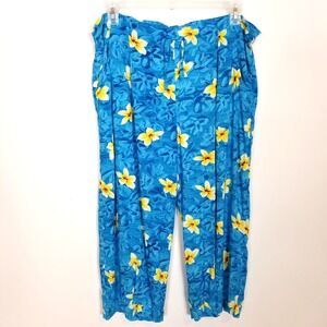 Jams World Women Plumeria Hawaiian Capri Pants Sz L Blue Yellow Drawstring Waist